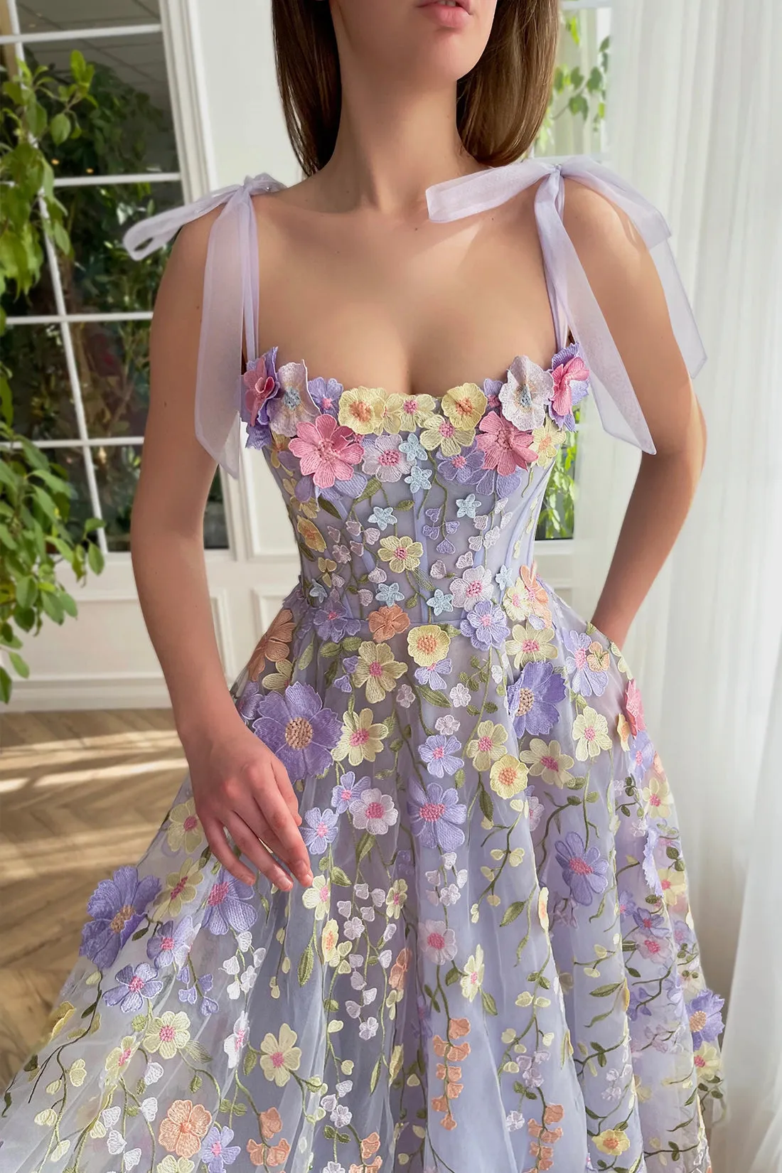 Beautiful A-Line Lilac Tea Length Party Dress with 3D Flowers