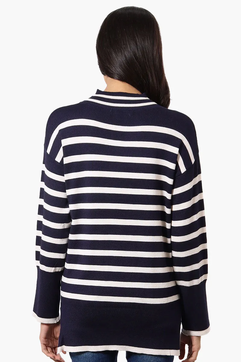 Beechers Brook Striped Mock Neck Pullover Sweater - Navy