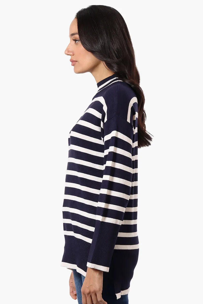 Beechers Brook Striped Mock Neck Pullover Sweater - Navy