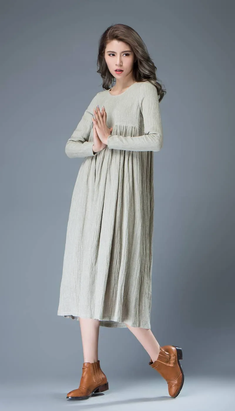 Casual Linen Dress - Light Gray Flared Pleated Mid-length Long Sleeved High-Waisted Loose-Fitted Handmade Plus Size Dress C809