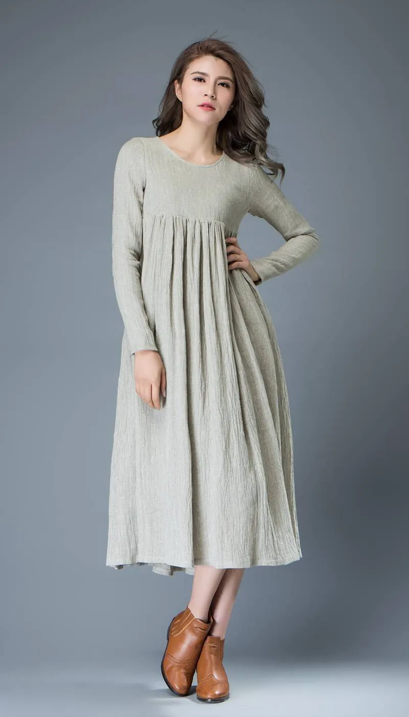 Casual Linen Dress - Light Gray Flared Pleated Mid-length Long Sleeved High-Waisted Loose-Fitted Handmade Plus Size Dress C809