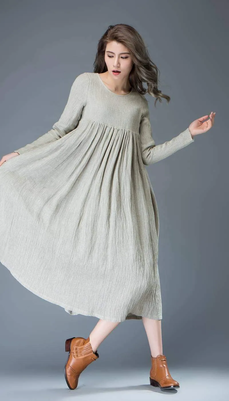 Casual Linen Dress - Light Gray Flared Pleated Mid-length Long Sleeved High-Waisted Loose-Fitted Handmade Plus Size Dress C809