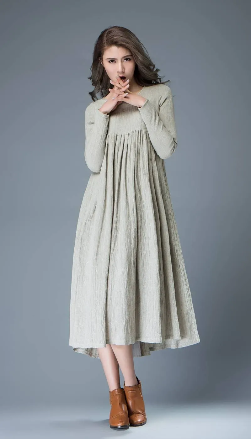 Casual Linen Dress - Light Gray Flared Pleated Mid-length Long Sleeved High-Waisted Loose-Fitted Handmade Plus Size Dress C809