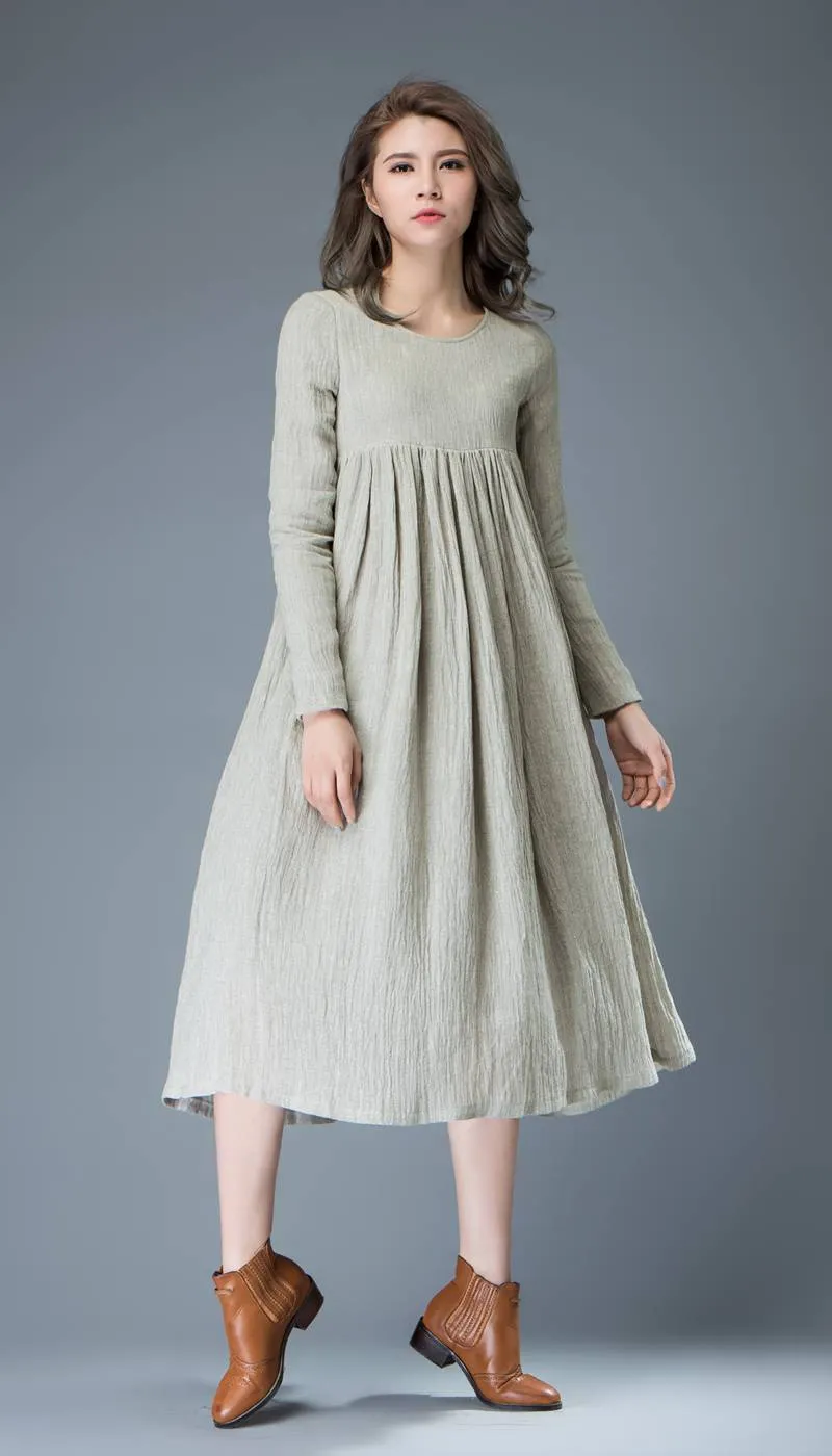 Casual Linen Dress - Light Gray Flared Pleated Mid-length Long Sleeved High-Waisted Loose-Fitted Handmade Plus Size Dress C809
