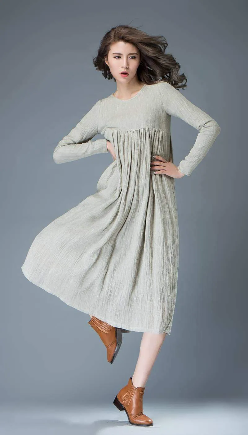 Casual Linen Dress - Light Gray Flared Pleated Mid-length Long Sleeved High-Waisted Loose-Fitted Handmade Plus Size Dress C809