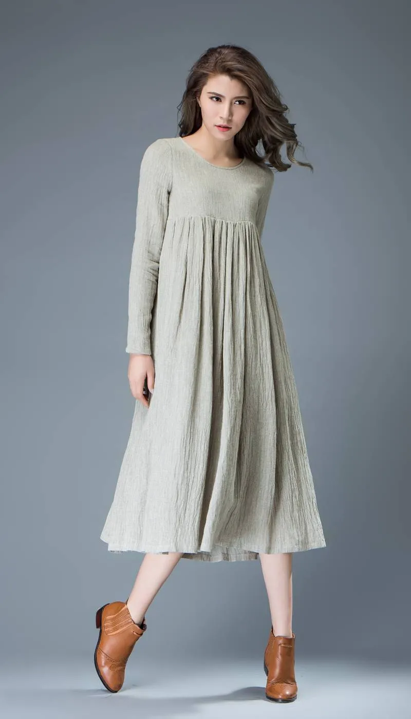 Casual Linen Dress - Light Gray Flared Pleated Mid-length Long Sleeved High-Waisted Loose-Fitted Handmade Plus Size Dress C809