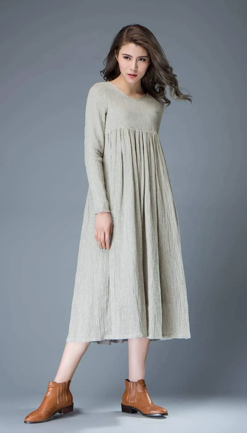 Casual Linen Dress - Light Gray Flared Pleated Mid-length Long Sleeved High-Waisted Loose-Fitted Handmade Plus Size Dress C809