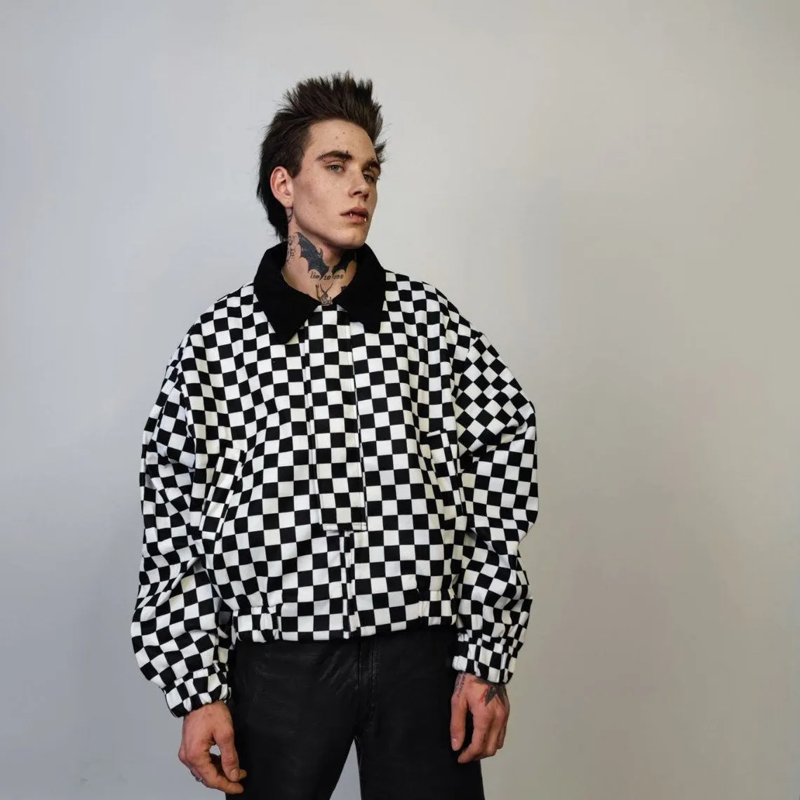 Check print bomber jacket Chequerboard varsity SKA aviator chess pattern coat in black and white