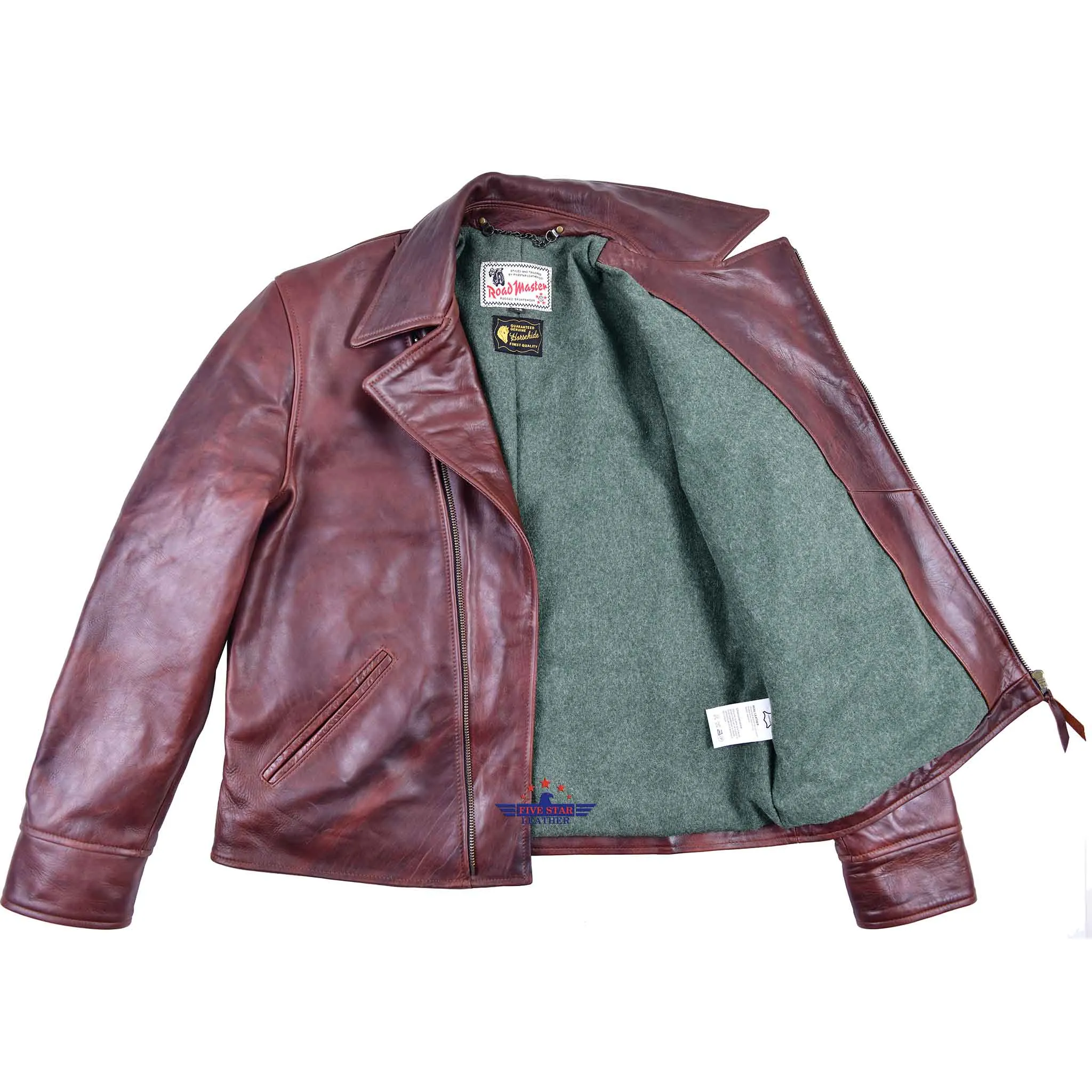 FiveStar Leather Men Road Master Half Belt Leather Jacket Brown Pull Up Leather