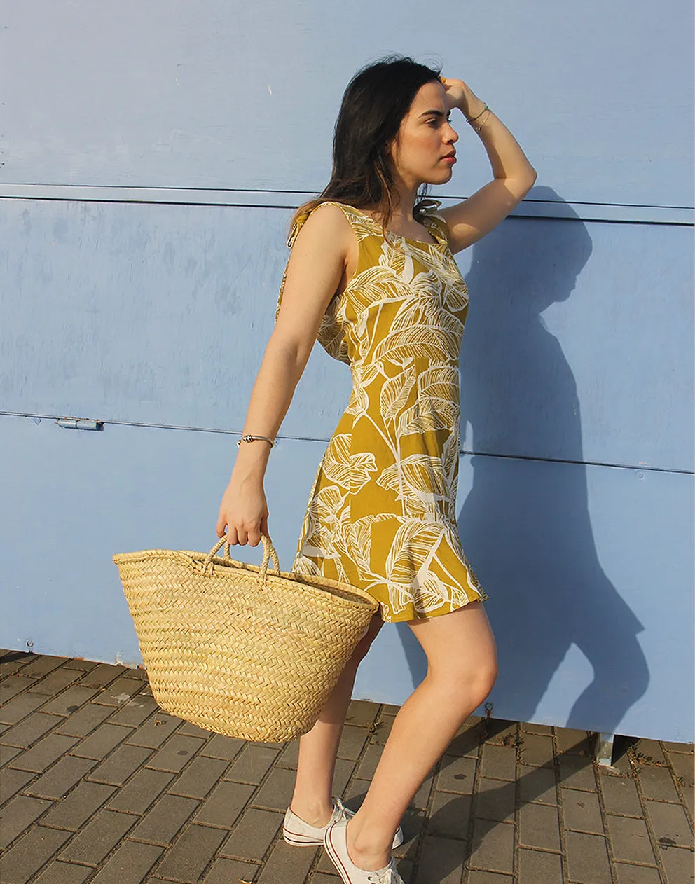 Green Palm Print Sleeveless Low Back Dress
