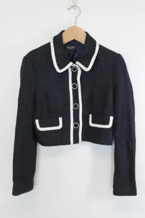 HOBBS Ladies Navy Blue Cropped Collared Long Sleeve Button Down Jacket EU40 UK12