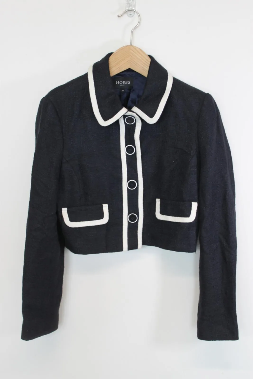 HOBBS Ladies Navy Blue Cropped Collared Long Sleeve Button Down Jacket EU40 UK12