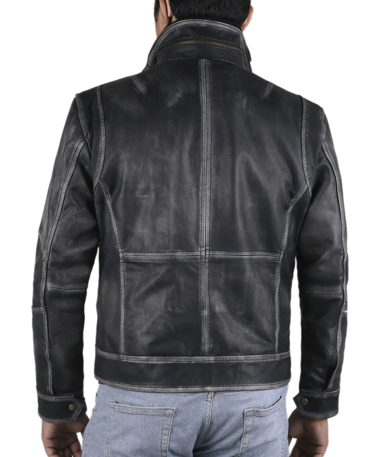 Leather Jackets Hub Mens Genuine Cow Ruboff Leather Jacket (Black-Rubboff, Racer Jacket) - 1801011
