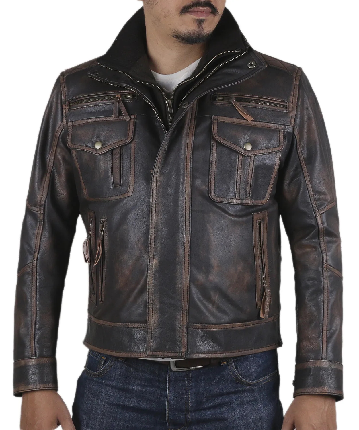 Leather Jackets Hub Mens Genuine Cow Ruboff Leather Jacket (Black-Rubboff, Racer Jacket) - 1801011