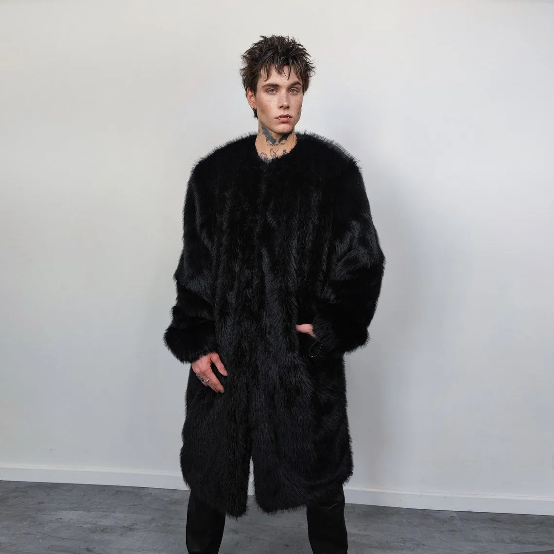 Long faux fur coat handmade fluffy luxury bomber premium fleece jacket detachable sleeve trench in black