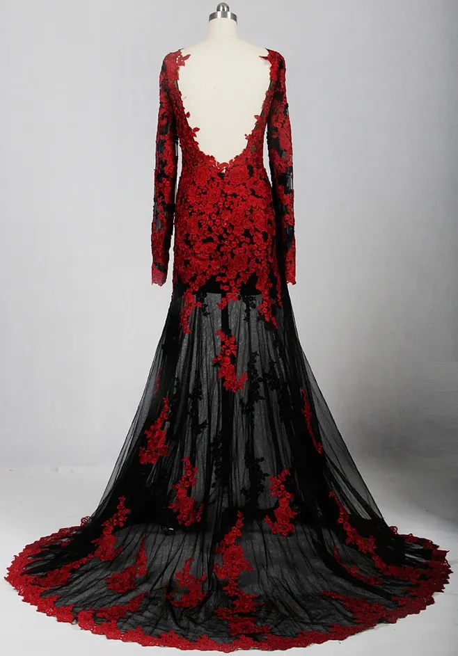 Mermaid Long Sleeve Black and Red Wedding Dress