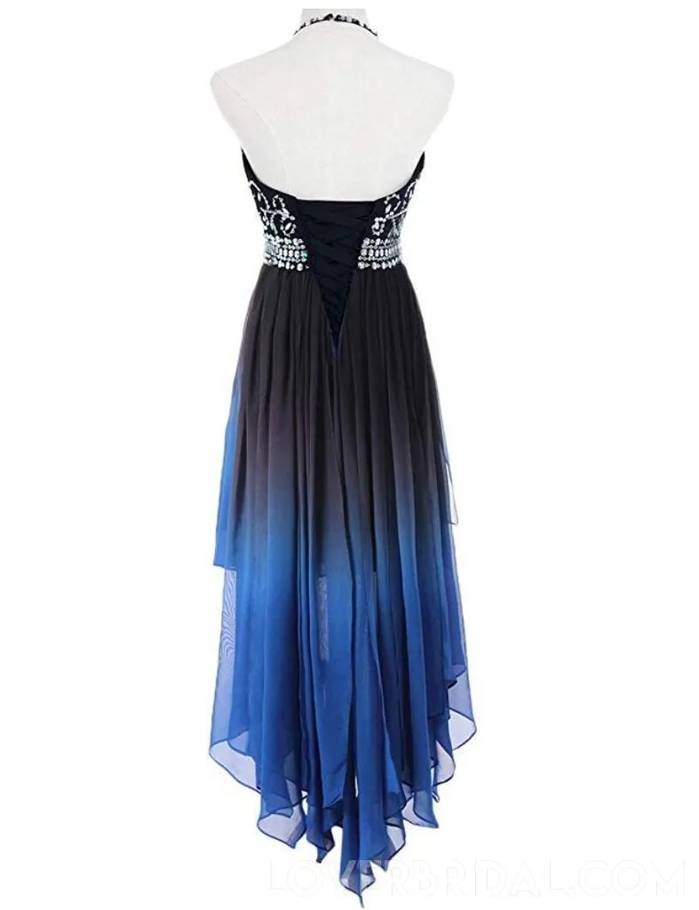 Ombre Chiffon Hi-Lo Homecoming Dress Halter Sparkly Dance Dress