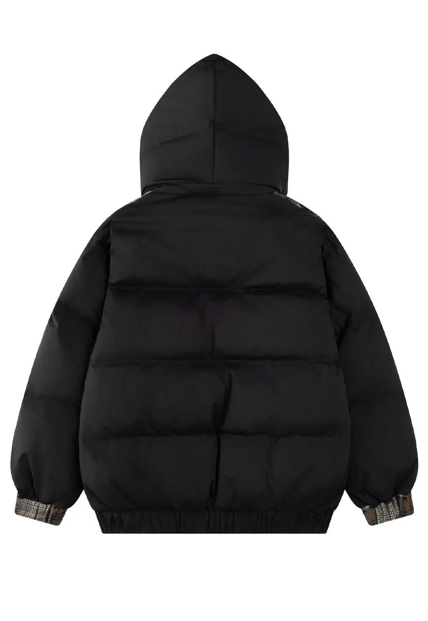 Patchwork parka jacket cream furry collar hooded bomber