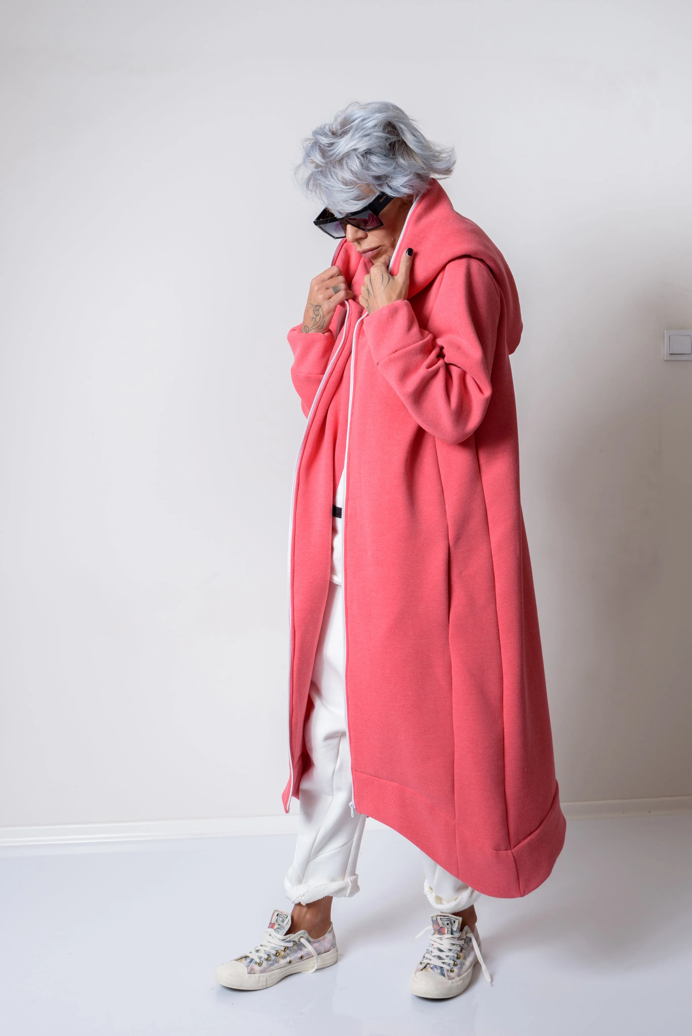Pink Warm Quilted Oversized Casual Hoodie Sweatshirt