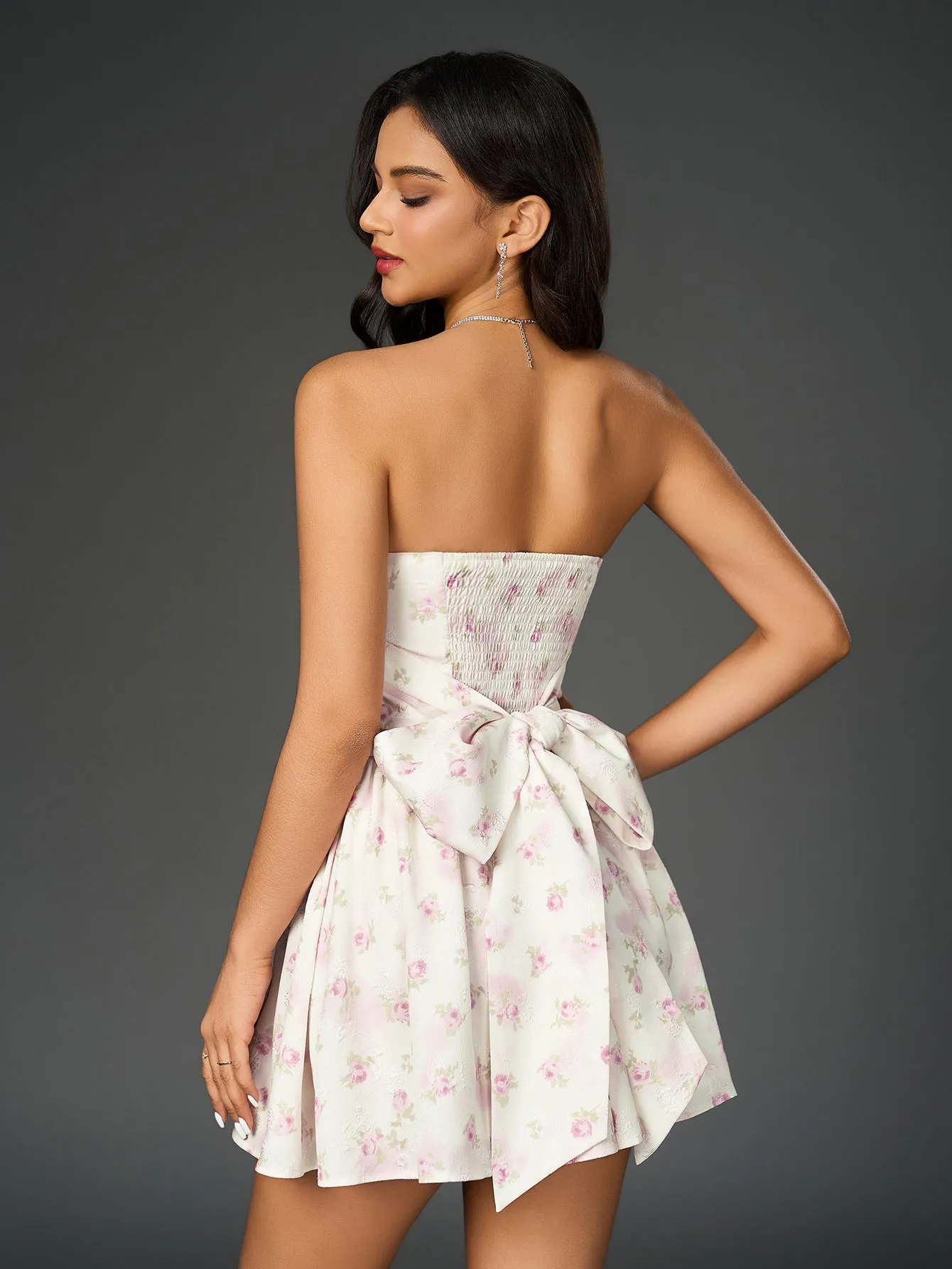 Ruched Bow Tie Back Floral Print Tube Dress