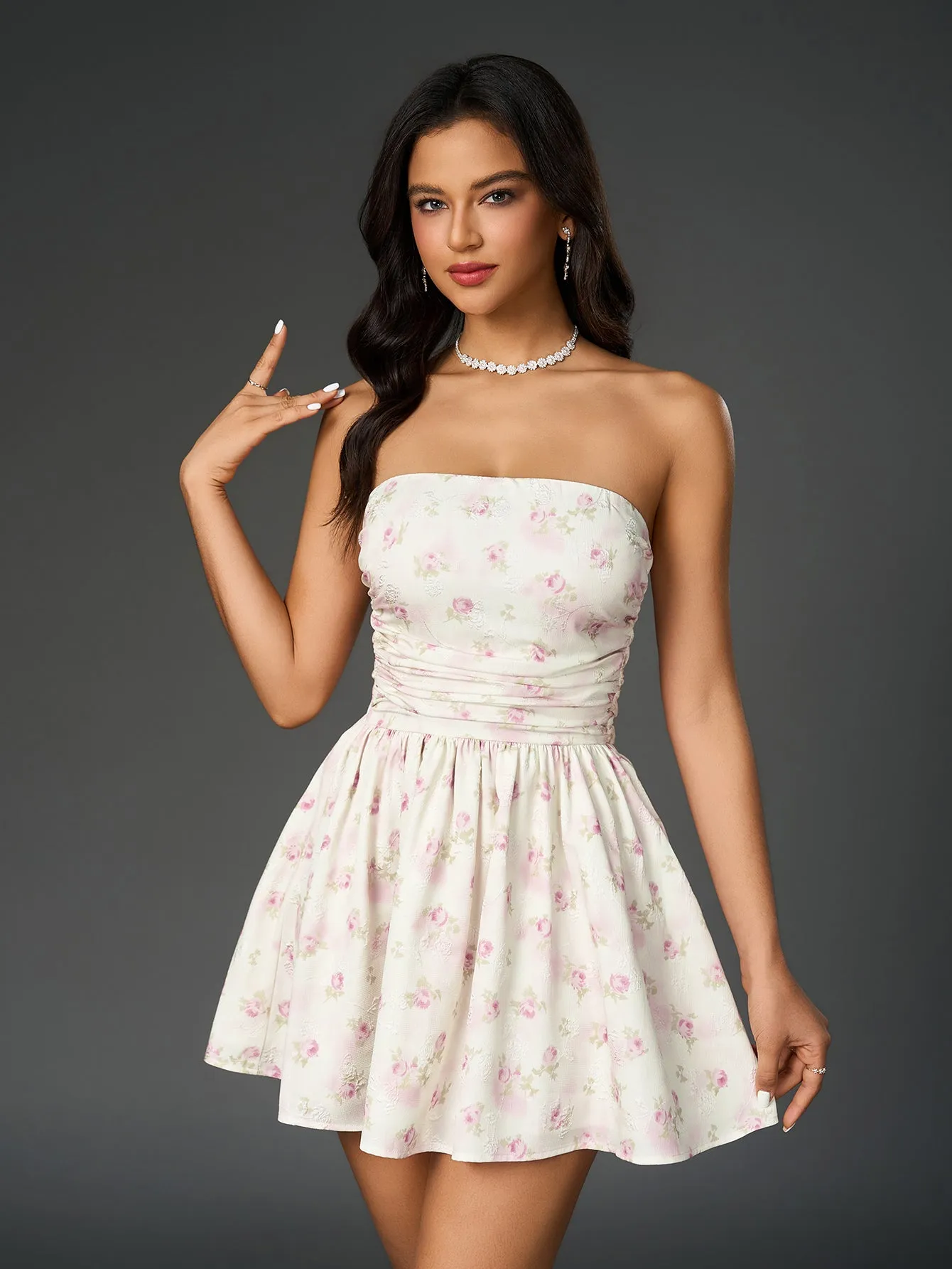 Ruched Bow Tie Back Floral Print Tube Dress
