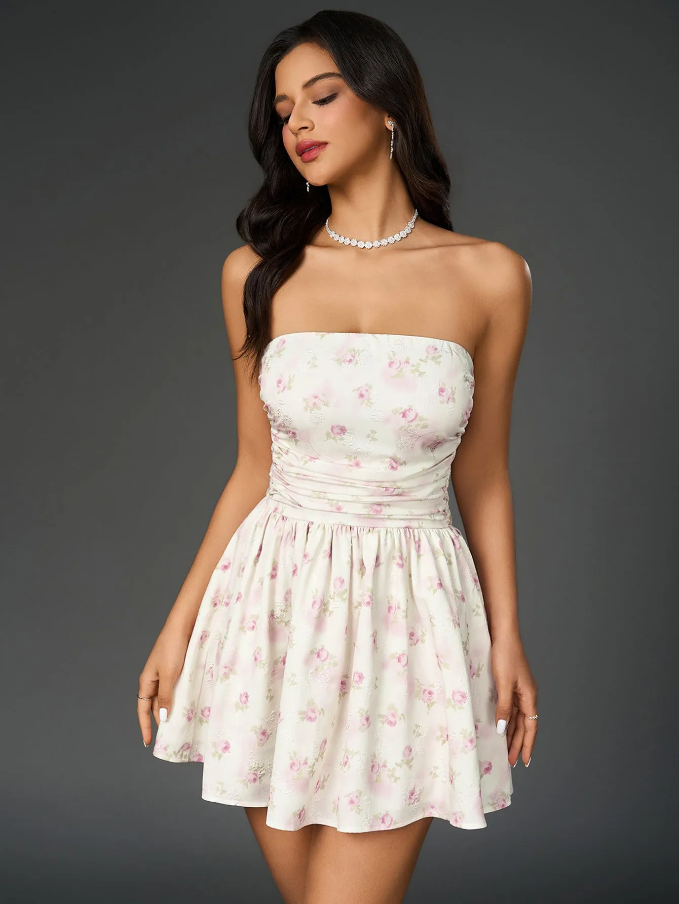 Ruched Bow Tie Back Floral Print Tube Dress