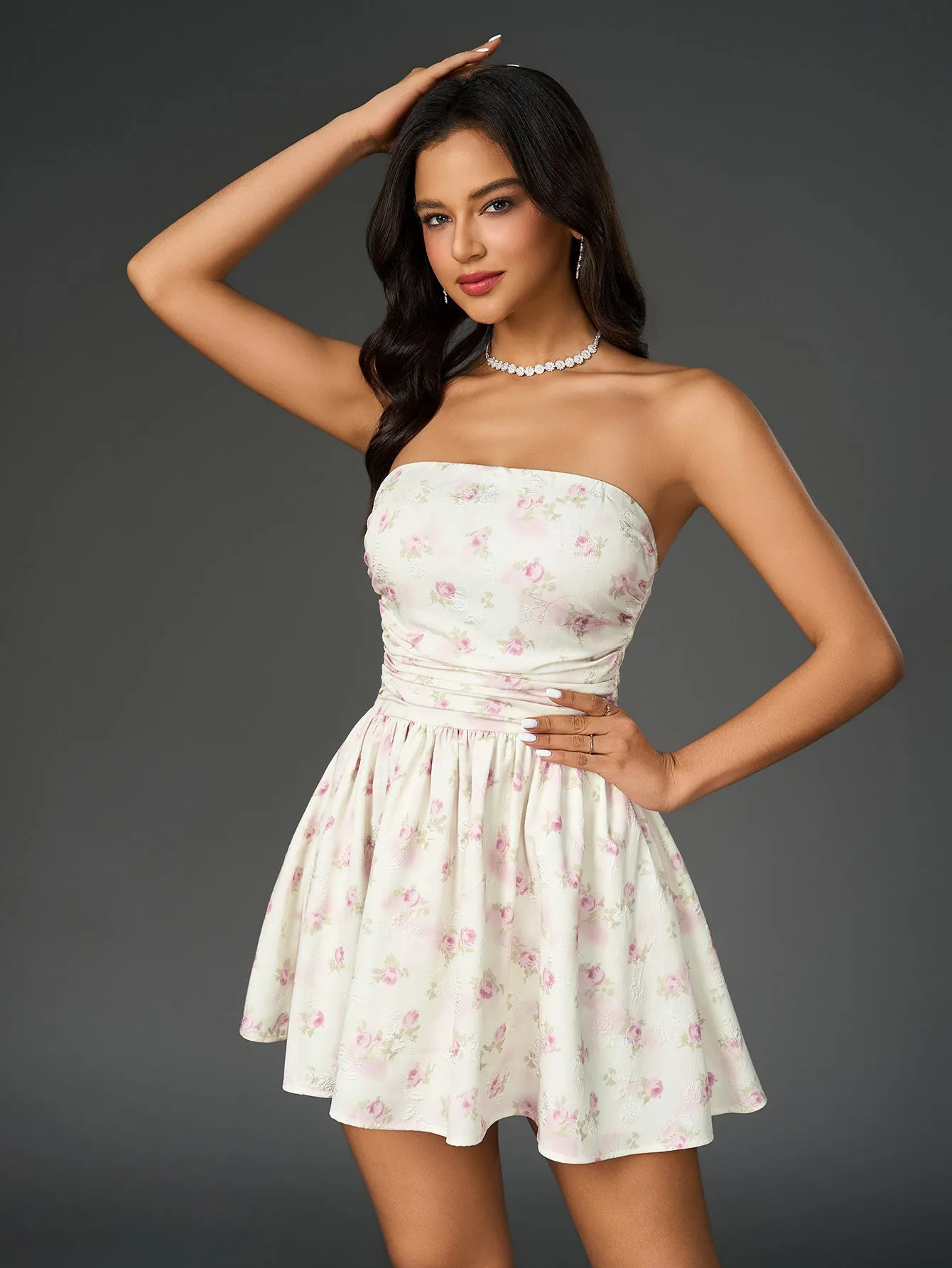 Ruched Bow Tie Back Floral Print Tube Dress