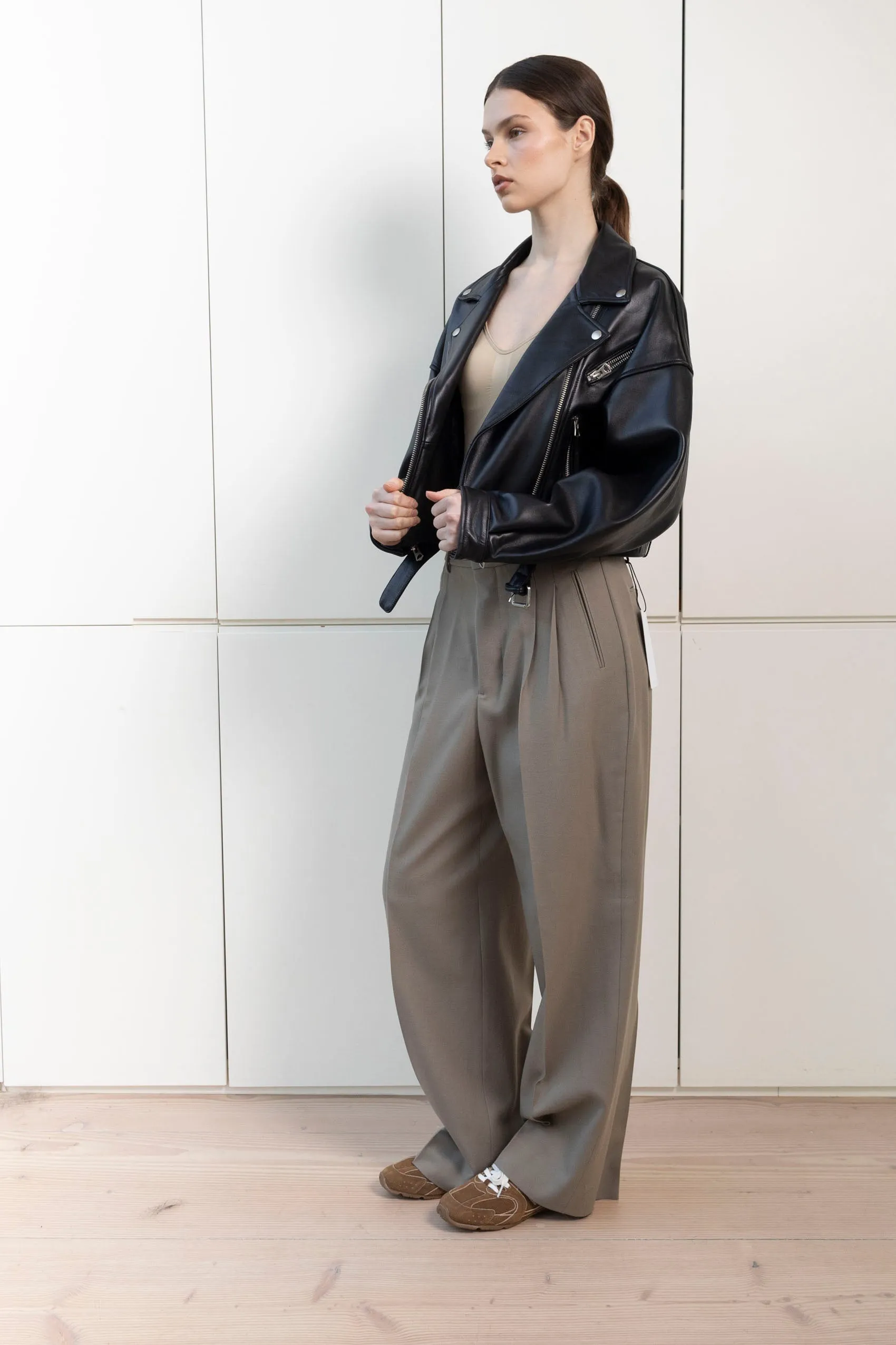 Tanya Cropped Leather Biker Jacket