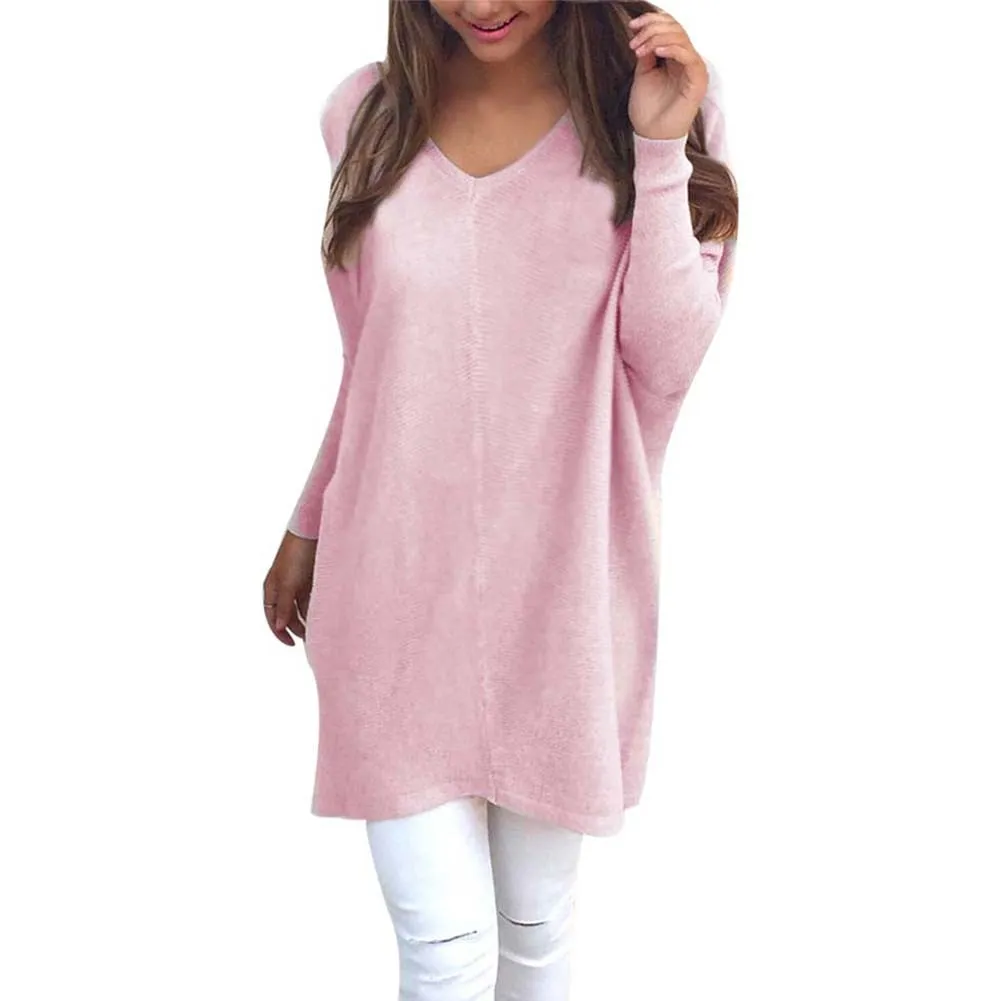 V Neck Long Sleeve Tunic Pullover Loose Knitted  Solid Color Women's Sweater