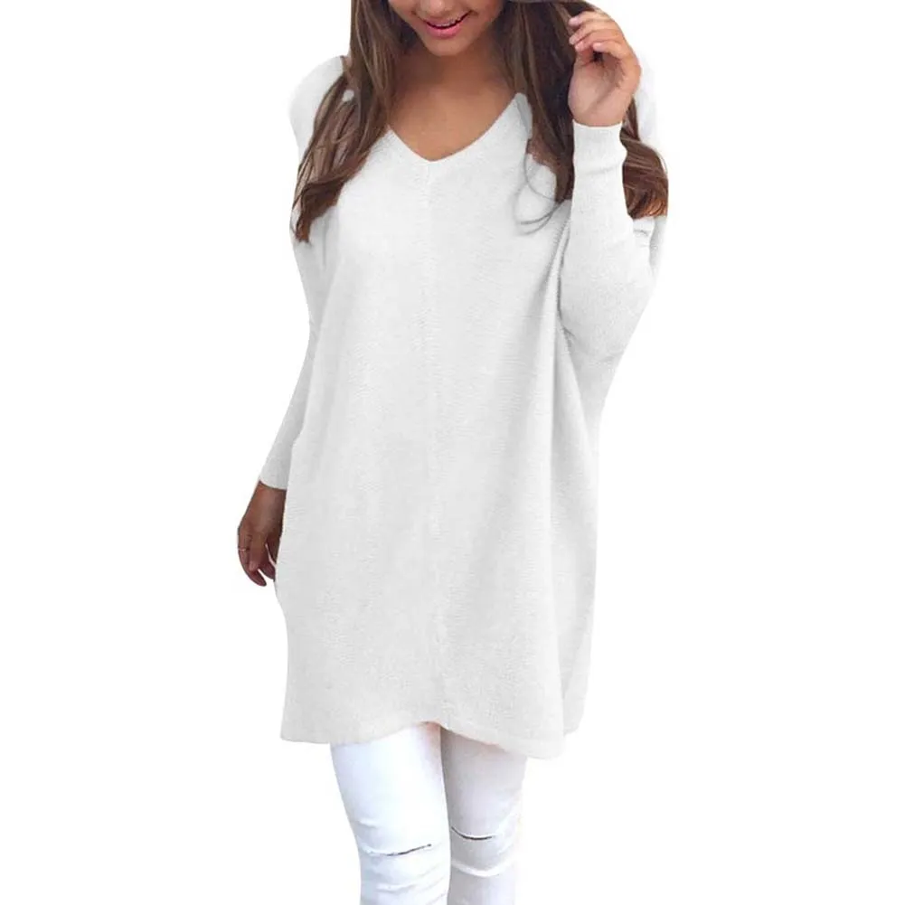 V Neck Long Sleeve Tunic Pullover Loose Knitted  Solid Color Women's Sweater