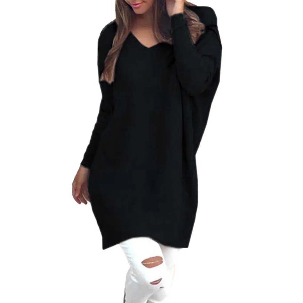 V Neck Long Sleeve Tunic Pullover Loose Knitted  Solid Color Women's Sweater